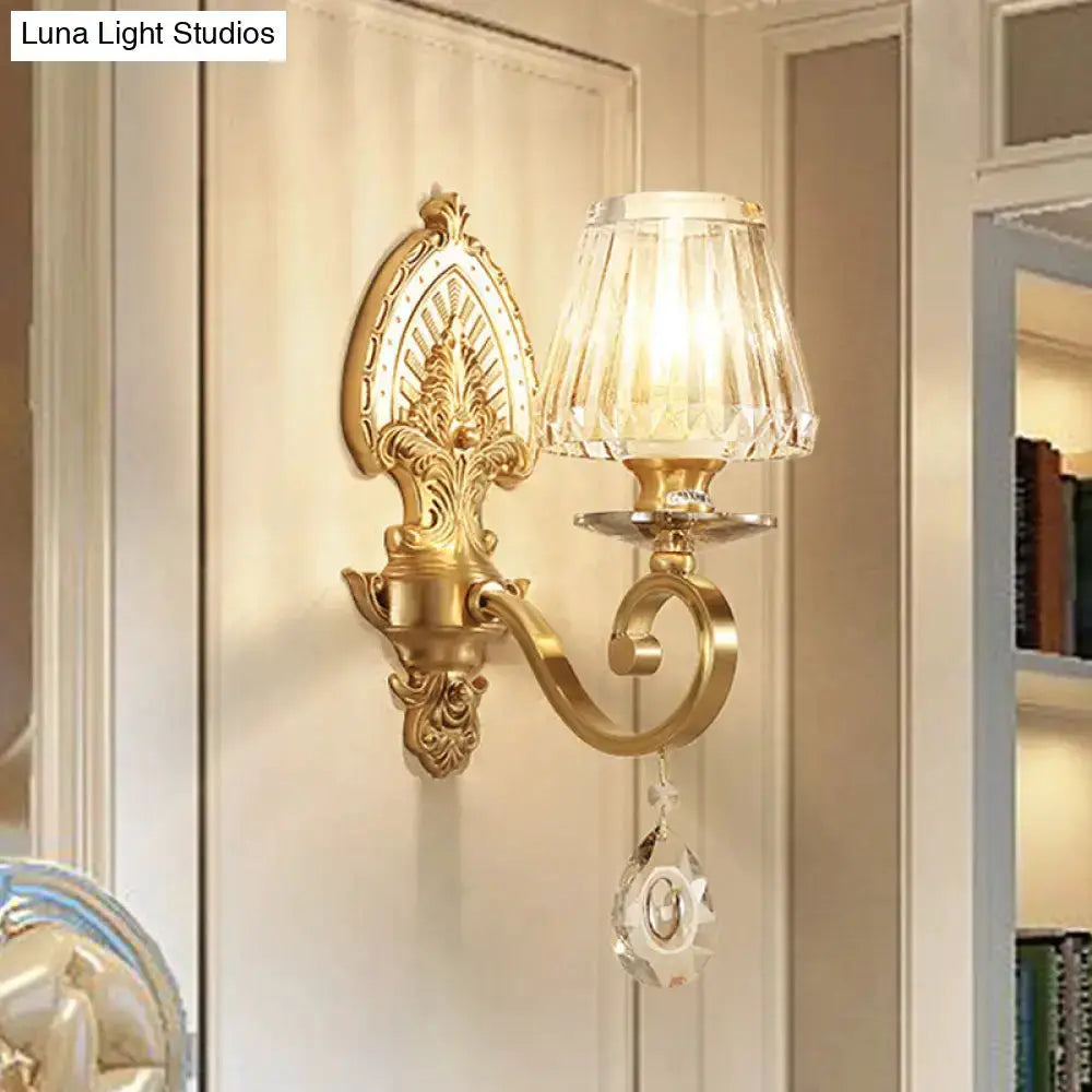 Mid-century gold crystal wall sconce with LED, ornate backplate, Luna Light Studios on Tampa Home & Garden Store