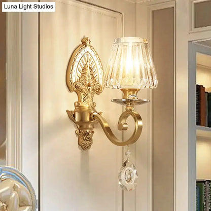 Mid-century gold crystal wall sconce with LED, ornate backplate, Luna Light Studios on Tampa Home & Garden Store