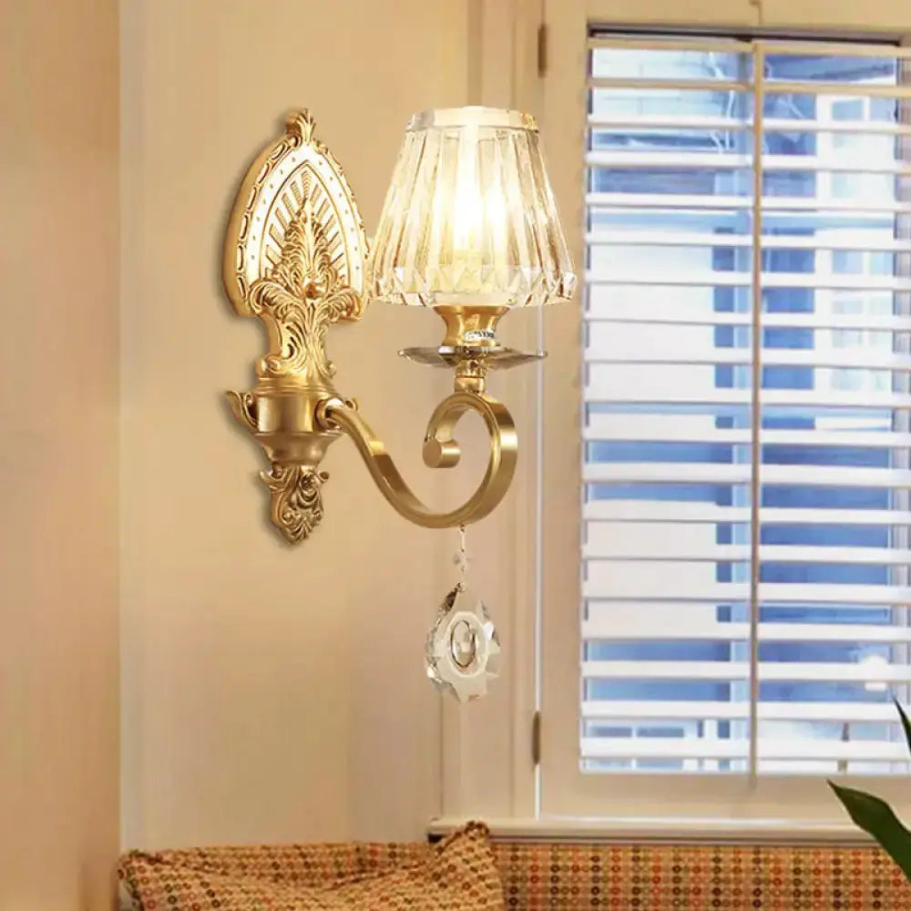 Mid-century gold crystal wall sconce with shade and ornate scroll arm LED fixture by Decorbites on Tampa Home & Garden Store