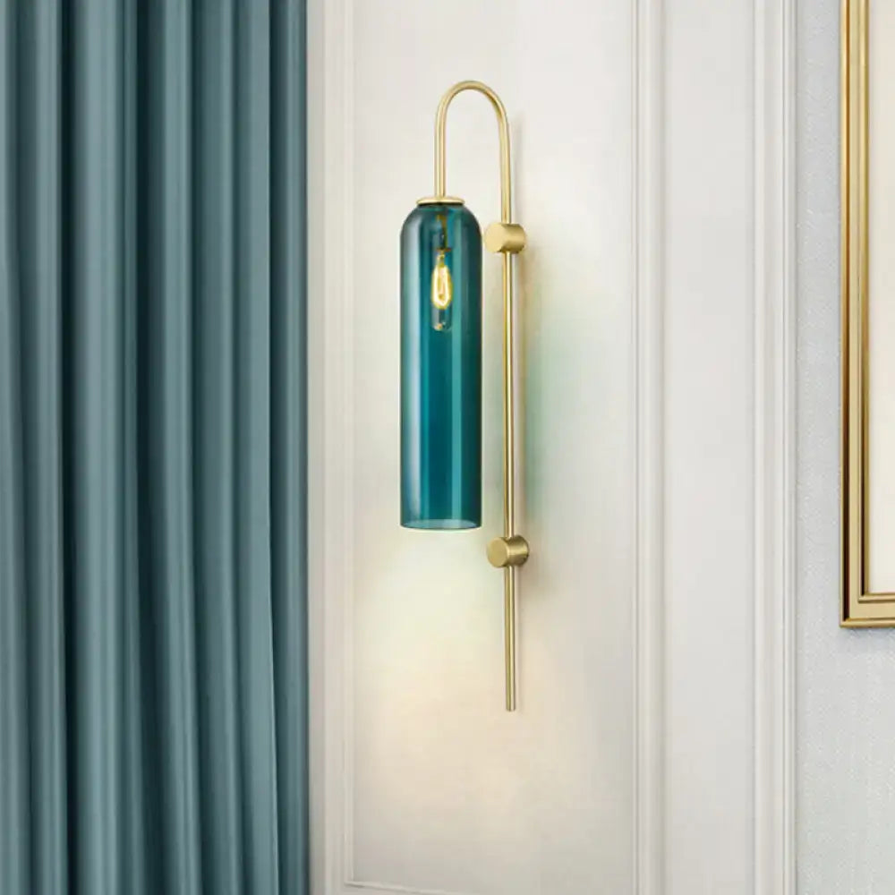 Brass teal glass gooseneck wall sconce with cylindrical shade, single fixture on Tampa Home & Garden Store