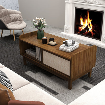 Mesa de centro Mid-Century con almacenamiento y puerta corrediza tejida y estante ajustable - Nogal