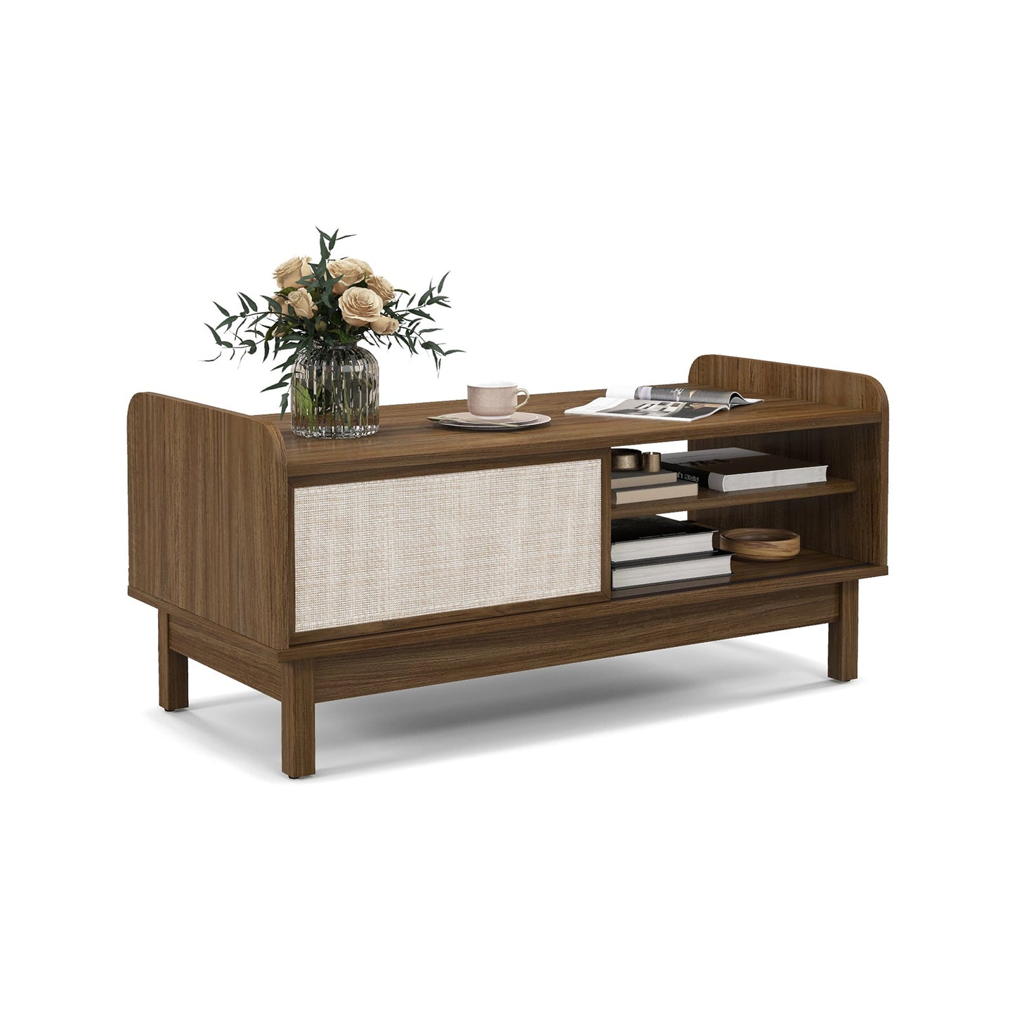 Mesa de centro Mid-Century con almacenamiento y puerta corrediza tejida y estante ajustable - Nogal