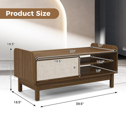 Mesa de centro Mid-Century con almacenamiento y puerta corrediza tejida y estante ajustable - Nogal