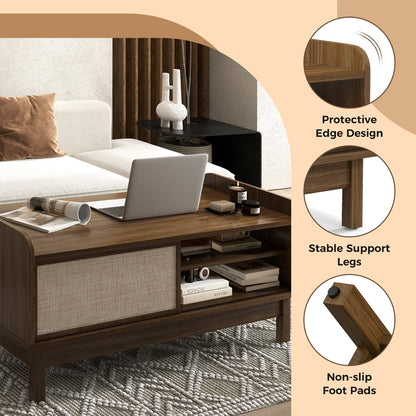 Mesa de centro Mid-Century con almacenamiento y puerta corrediza tejida y estante ajustable - Nogal