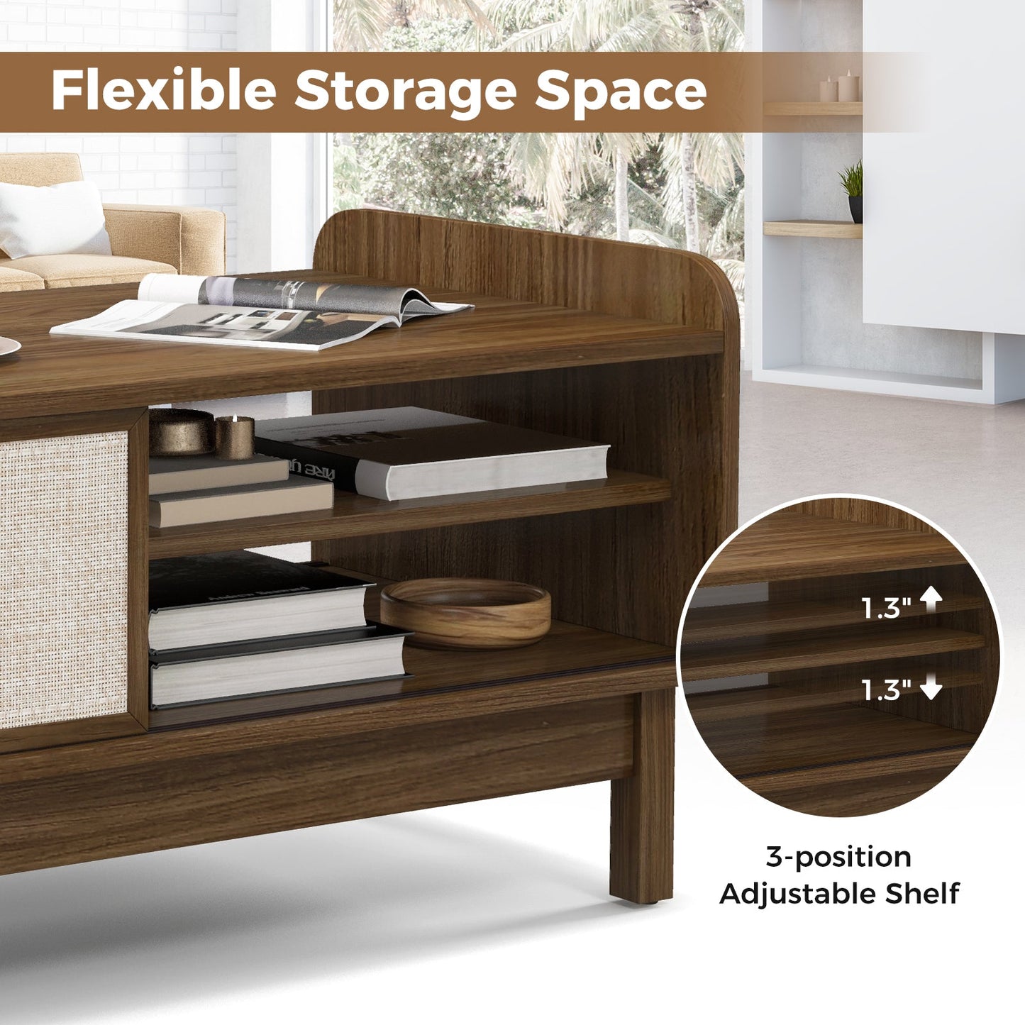 Mesa de centro Mid-Century con almacenamiento y puerta corrediza tejida y estante ajustable - Nogal