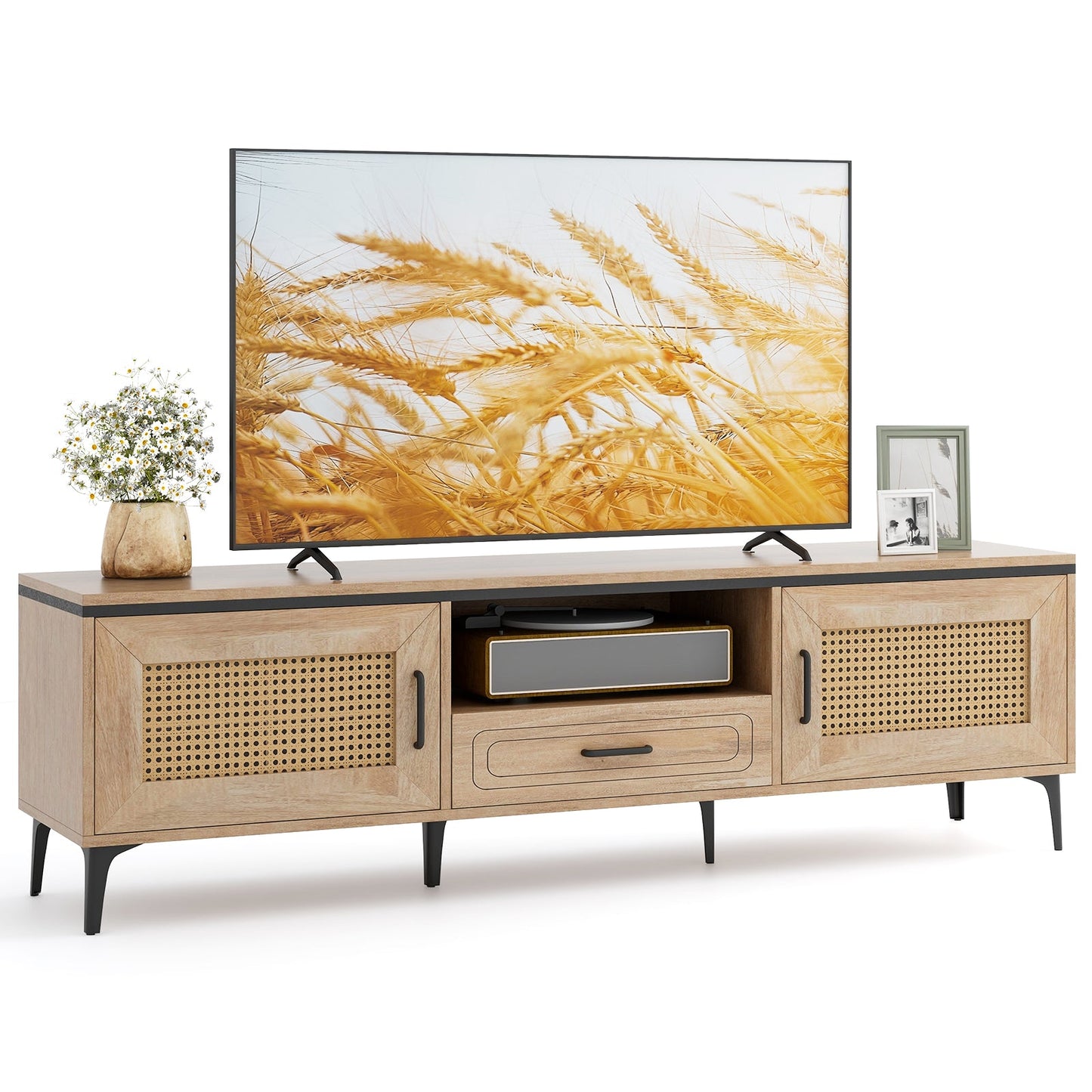Mueble de TV moderno de mediados de siglo con 2 armarios y cajón de almacenamiento - Roble