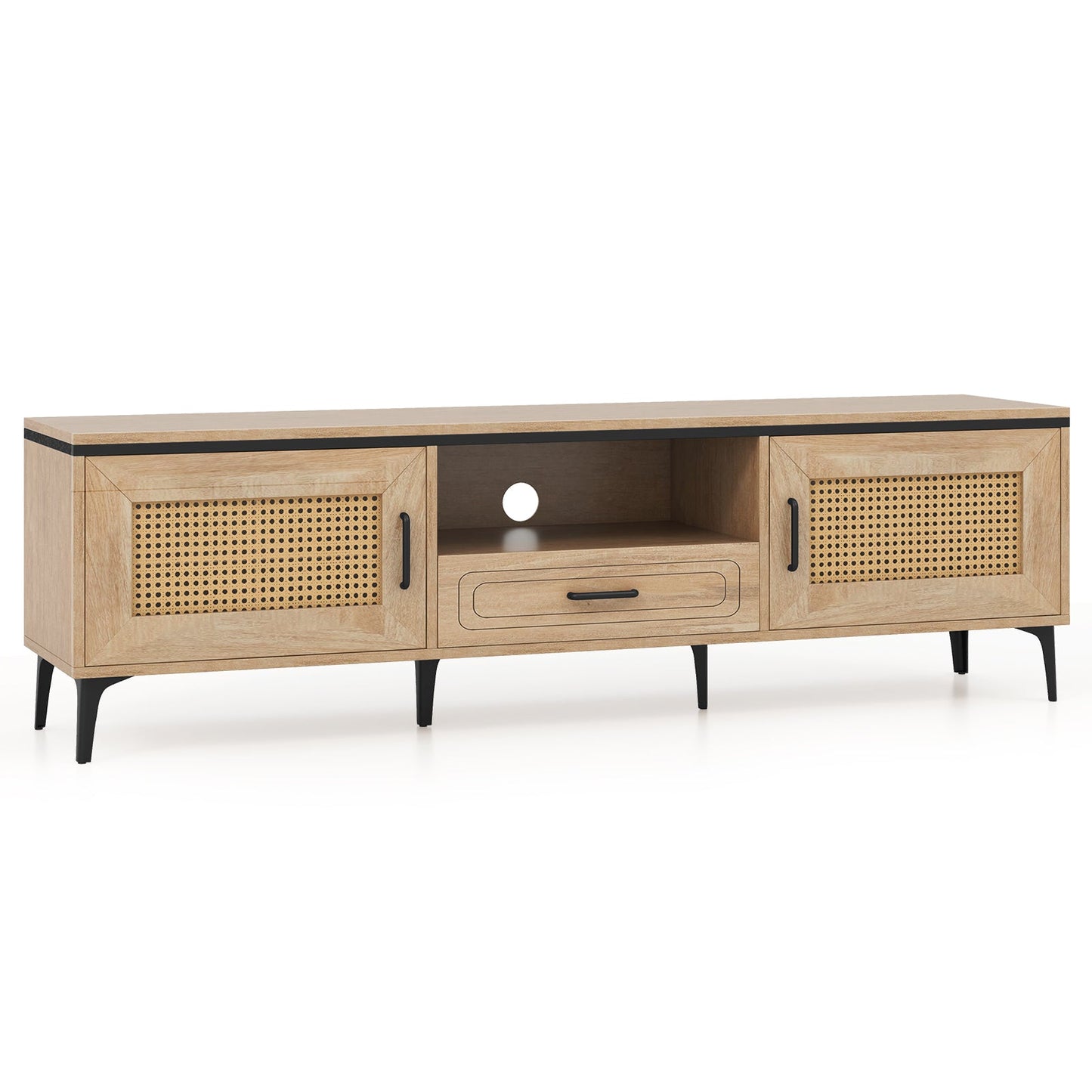Mueble de TV moderno de mediados de siglo con 2 armarios y cajón de almacenamiento - Roble