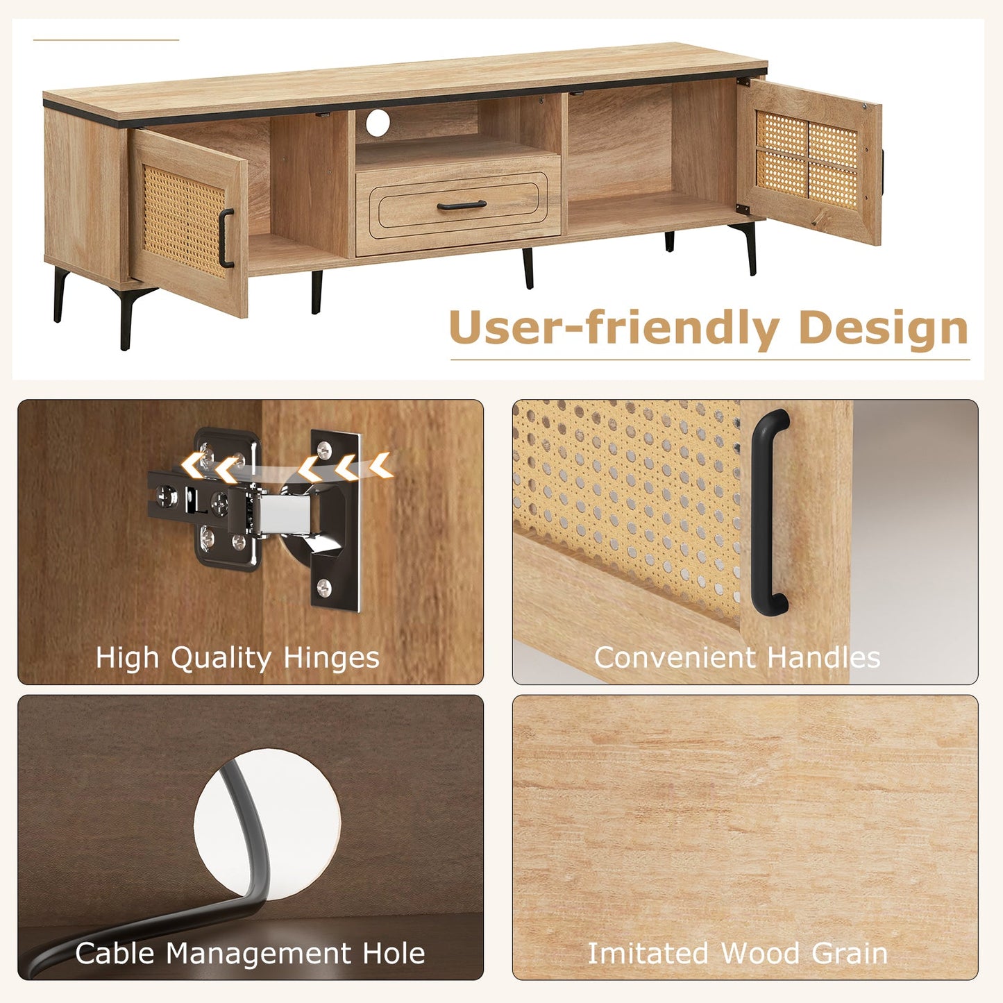 Mueble de TV moderno de mediados de siglo con 2 armarios y cajón de almacenamiento - Roble
