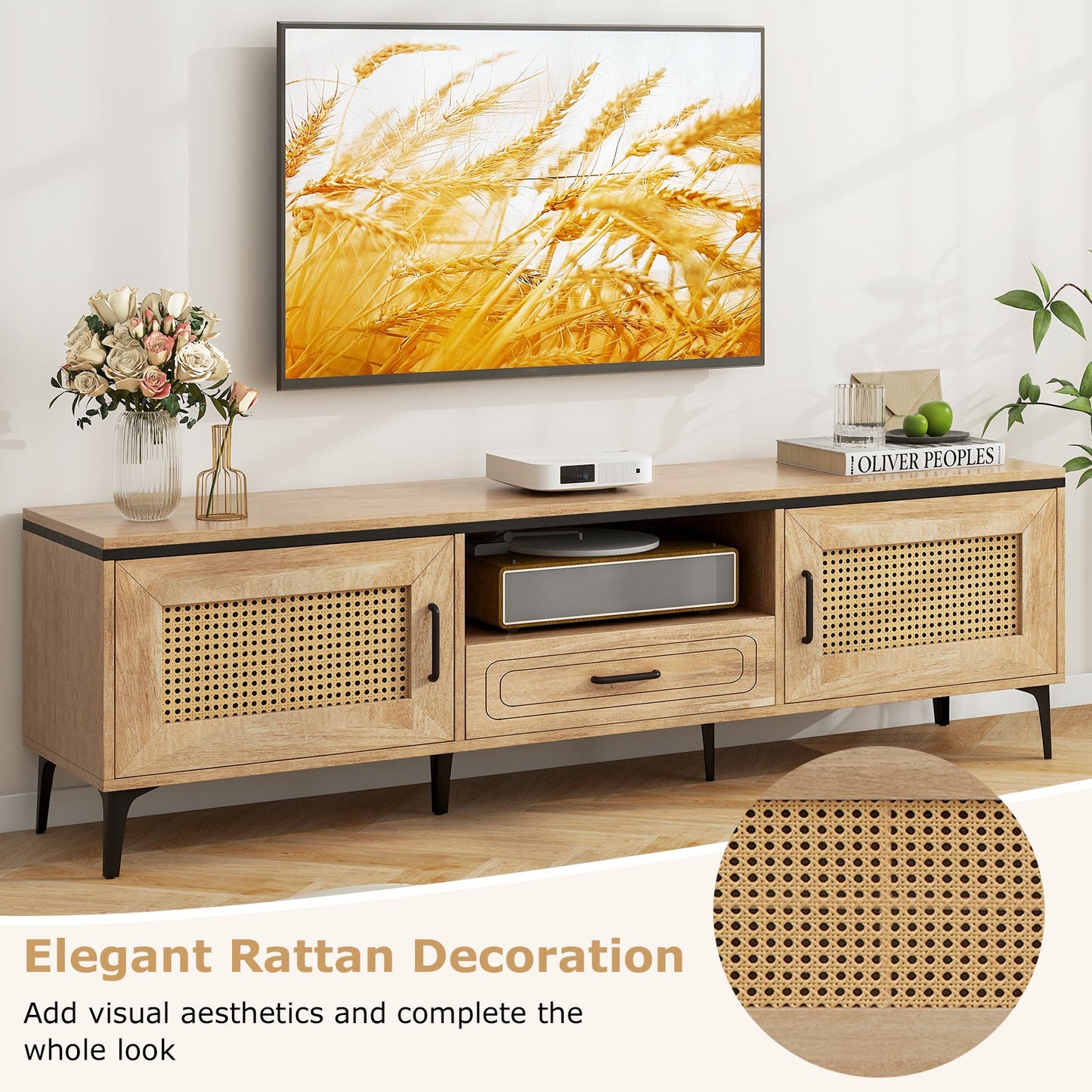 Mueble de TV moderno de mediados de siglo con 2 armarios y cajón de almacenamiento - Roble