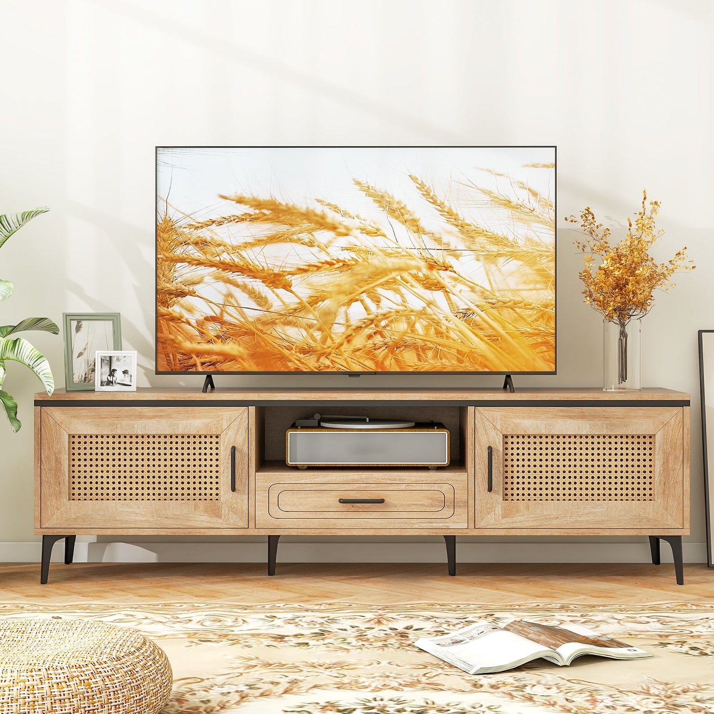 Mueble de TV moderno de mediados de siglo con 2 armarios y cajón de almacenamiento - Roble