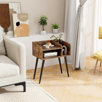 Mesita de Noche Mid Century Moderna con Estantes Abiertos - Marrón