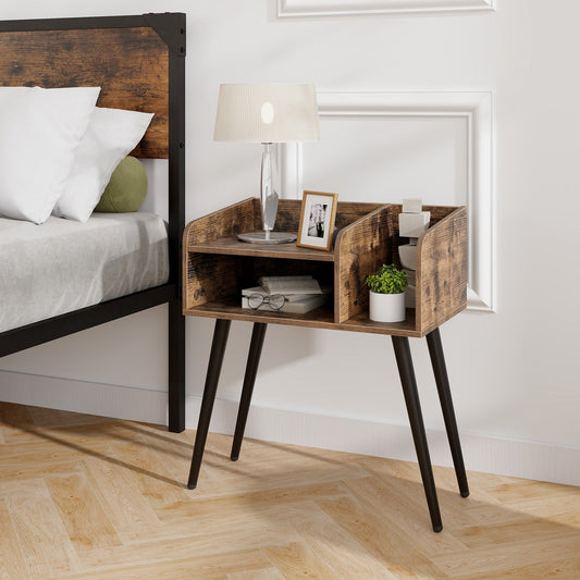 Mesita de Noche Mid Century Moderna con Estantes Abiertos - Marrón
