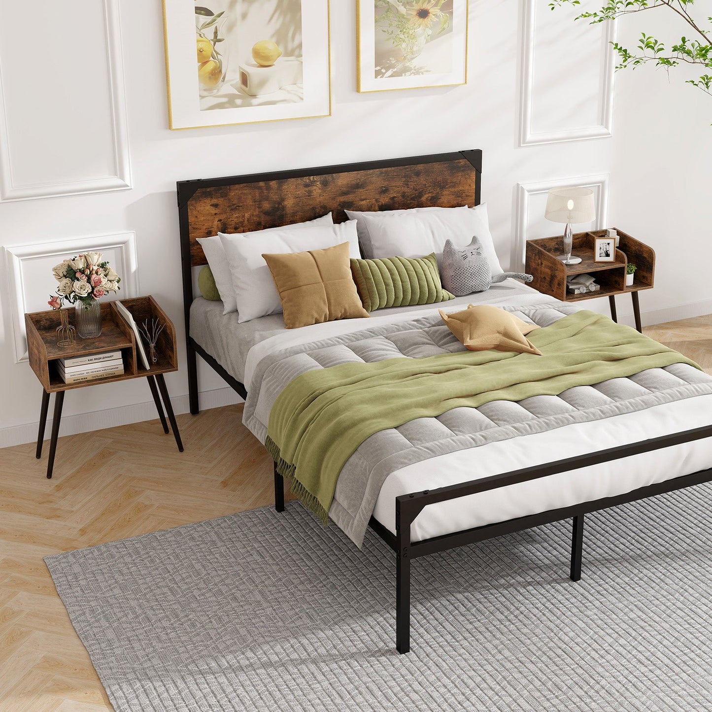 Mesita de Noche Mid Century Moderna con Estantes Abiertos - Marrón