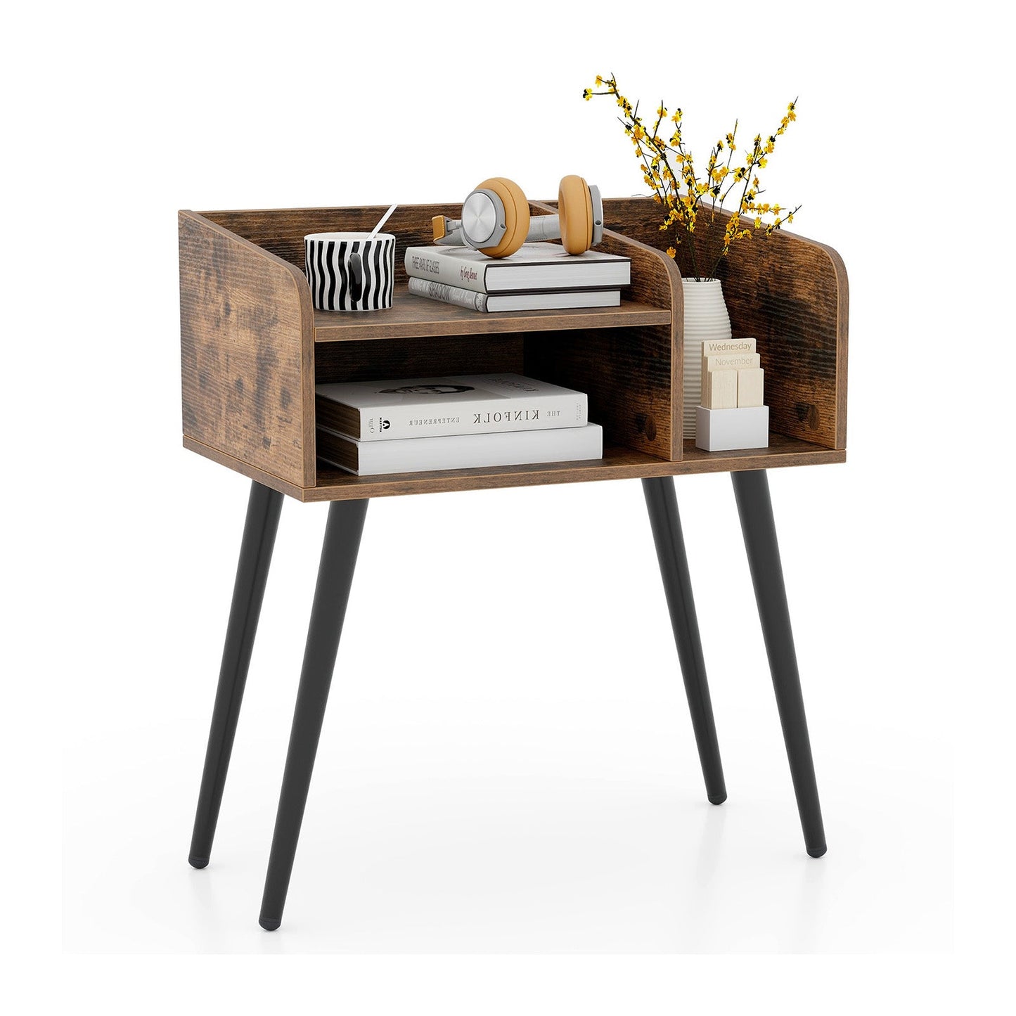 Mesita de Noche Mid Century Moderna con Estantes Abiertos - Marrón