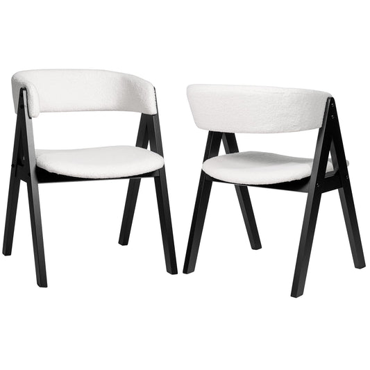 Wooden Dining Chair Set of 2 Mid-Century Modern Sherpa Upholstered Kitchen Dining Room Chairs-Black
