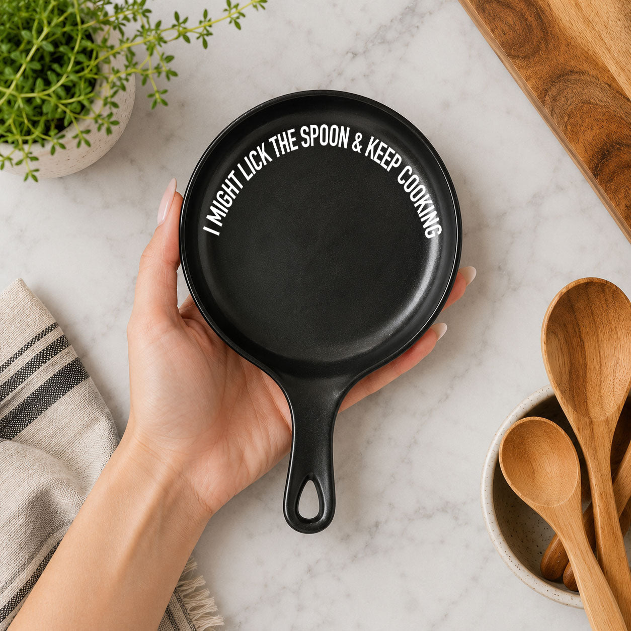 Lick the Spoon & Cook spoon rest by Gia Roma, black round cast-iron style kitchen accessory on Tampa Home & Garden Store