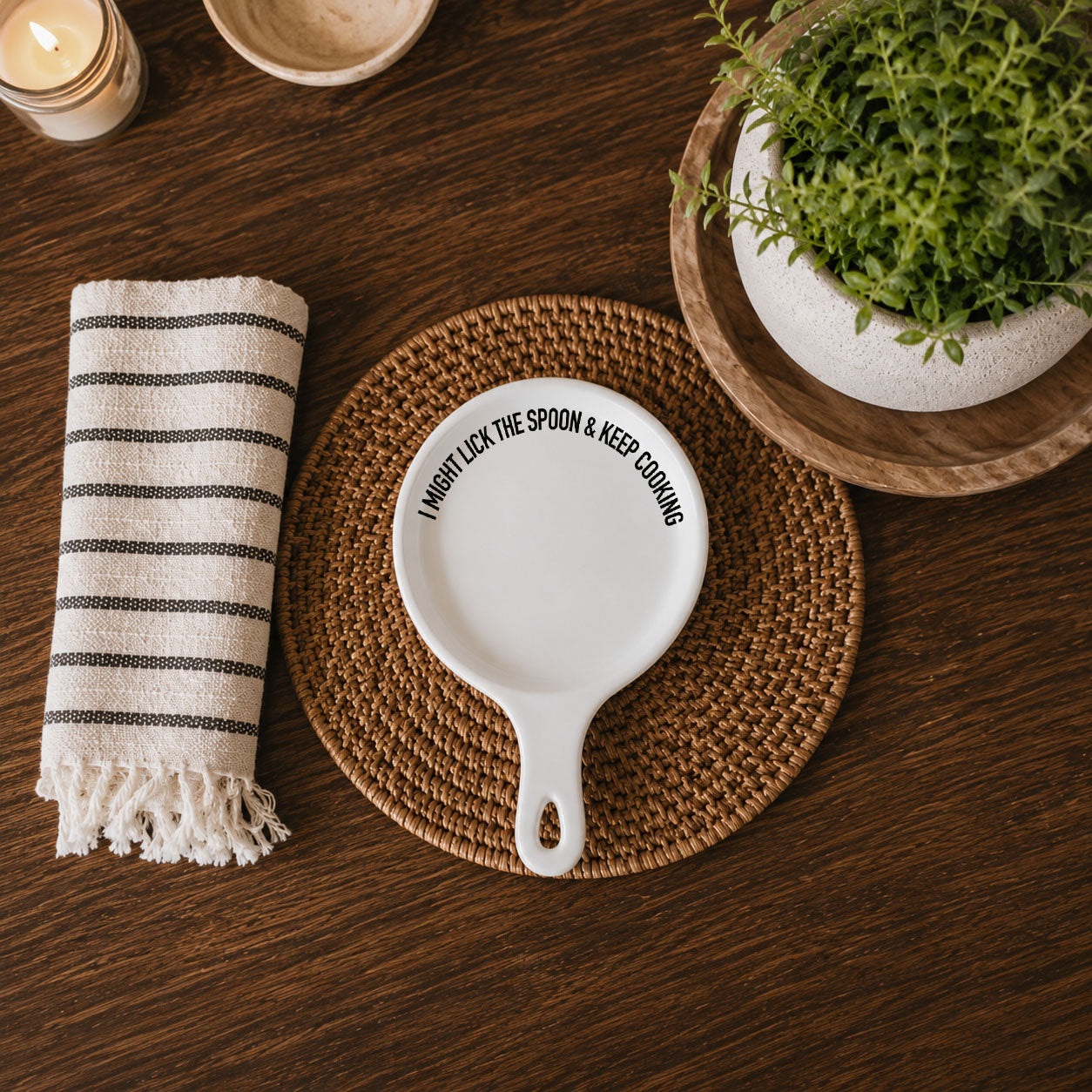 Lick the Spoon & Cook spoon rest by Gia Roma, white ceramic with bold black text on Tampa Home & Garden Store