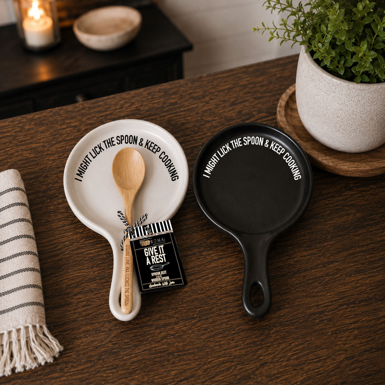 Lick the Spoon & Cook two spoon rests white & black ceramic with wooden spoon by Gia Roma on Tampa Home & Garden Store