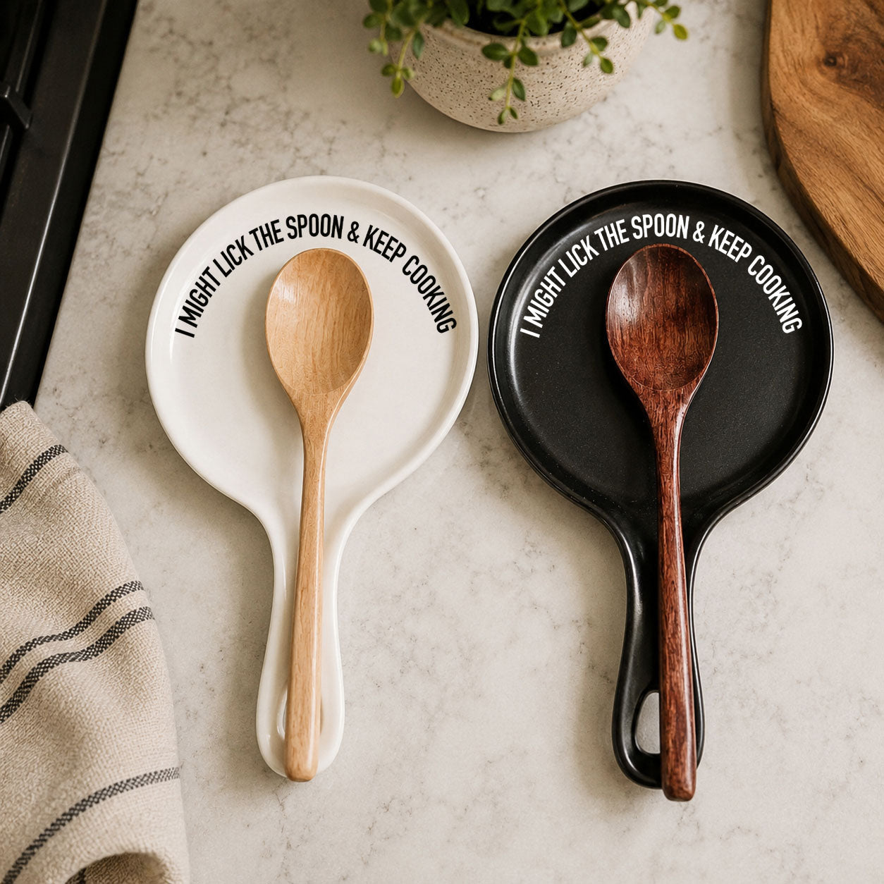 Lick the Spoon & Cook spoon rests, Gia Roma white & black ceramic with wooden spoons, rim text on Tampa Home & Garden Store