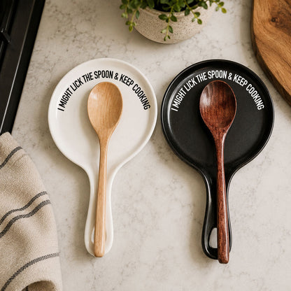 Lick the Spoon & Cook spoon rests, Gia Roma white & black ceramic with wooden spoons, rim text on Tampa Home & Garden Store