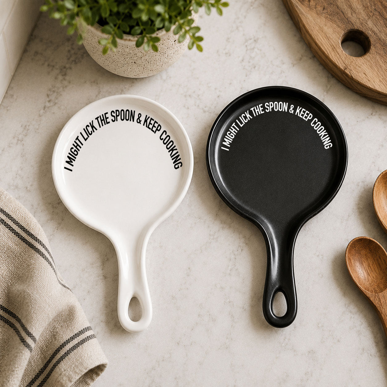 Lick the Spoon & Cook spoon rests in white and black ceramic with curved handles Gia Roma on Tampa Home & Garden Store