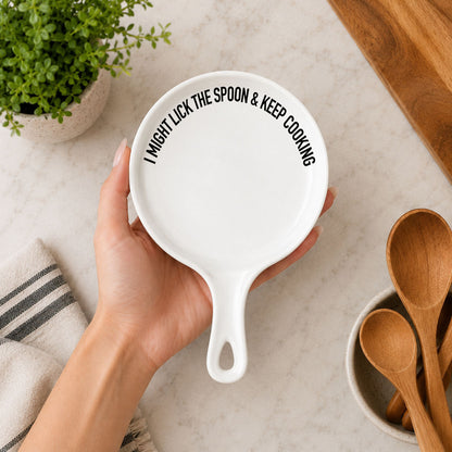 Spoon rest Gia Roma white with curved handle and bold I MIGHT LICK THE SPOON & KEEP COOKING on Tampa Home & Garden Store