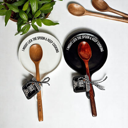 Gia Roma Lick the Spoon & Cook spoon rest set white & black ceramic with wooden spoons on Tampa Home & Garden Store