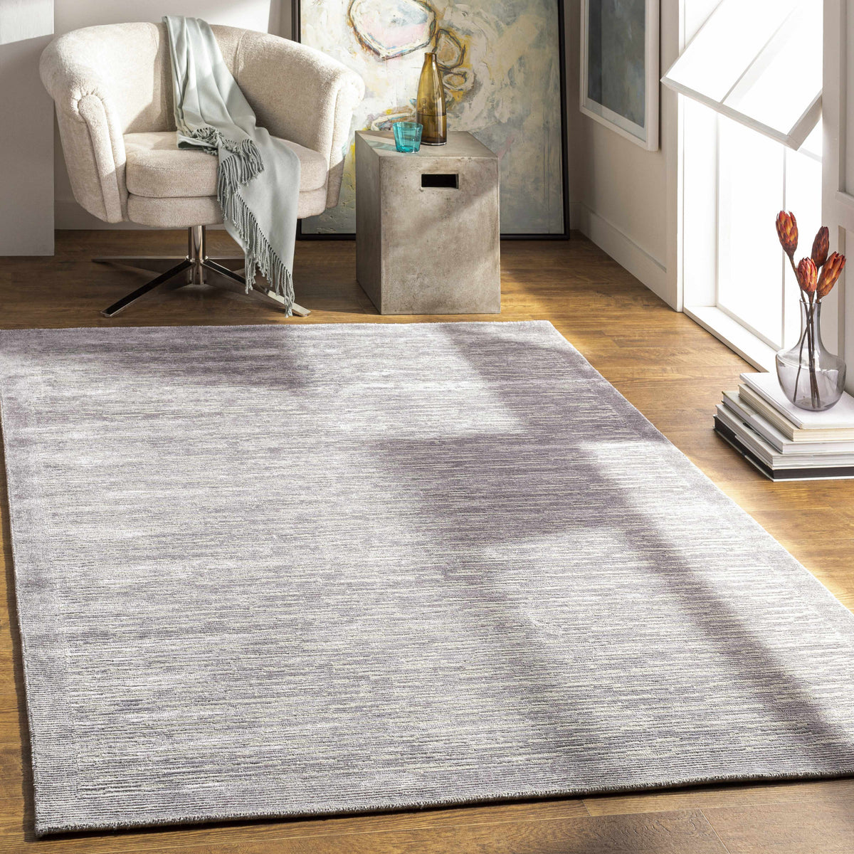 Mardi Silver Premium Wool&Silk Area Rug by Boutique Rugs in silver-gray for living room on Tampa Home & Garden Store