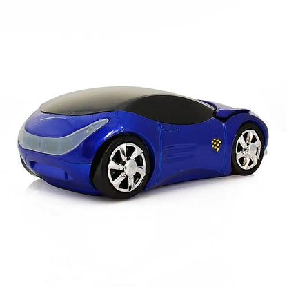Blue mini car-shaped wireless mouse with black windows and chrome rims on Tampa Home & Garden Store