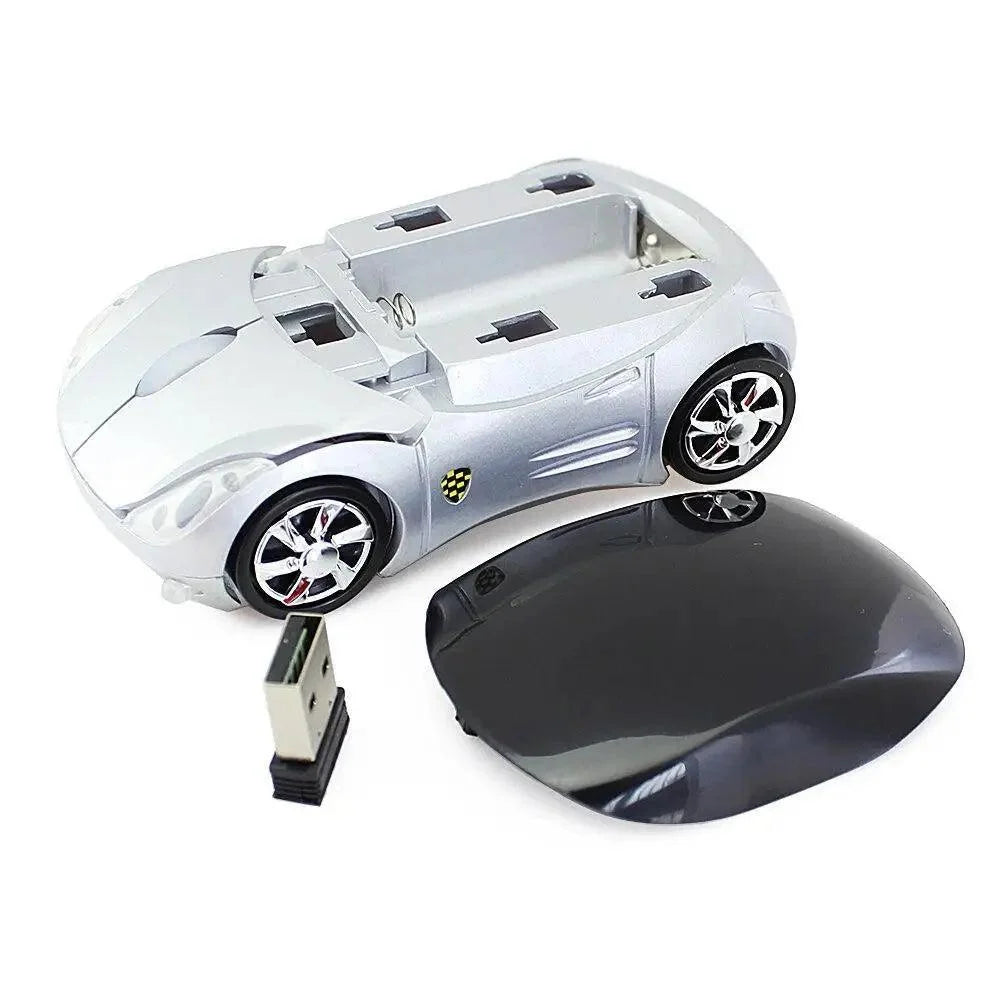Stevvex mini 3D car-shaped wireless mouse in silver with USB receiver, compact desktop accessory on Tampa Home & Garden Store