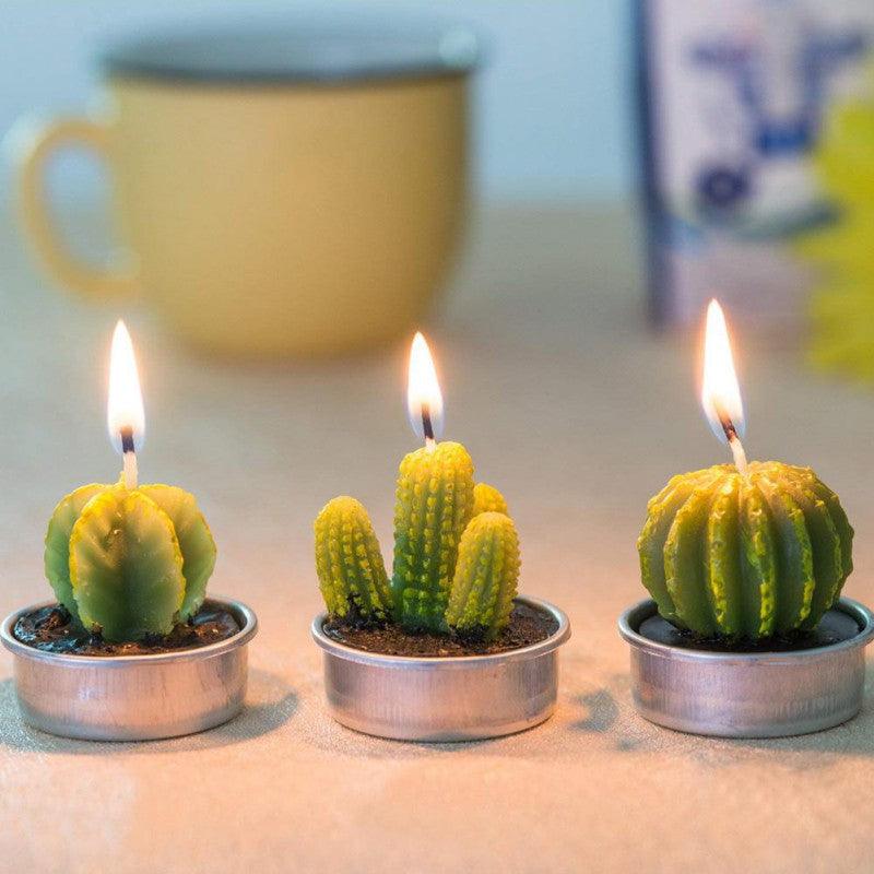 Stevvex mini succulent cactus tea light candles, set of 3 in metal cups, green/yellow decor on Tampa Home & Garden Store