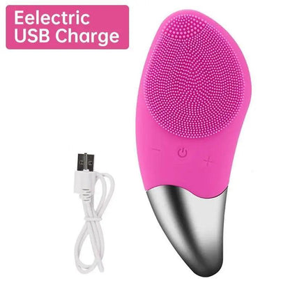 Mini electric silicone facial cleansing brush pink Stevvex USB charging for all skin types on Tampa Home & Garden Store