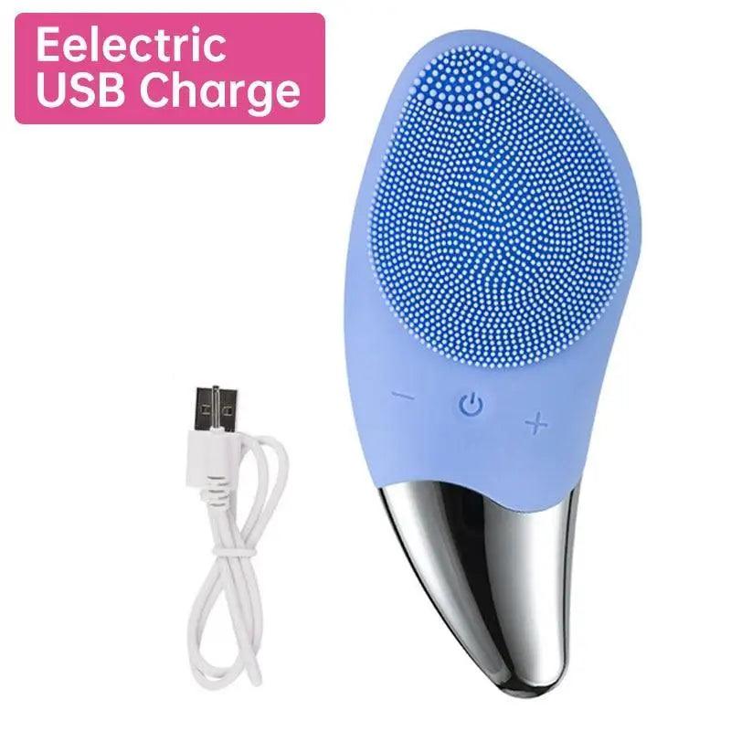 Mini electric silicone facial cleansing brush blue by Stevvex with USB charging cable on Tampa Home & Garden Store