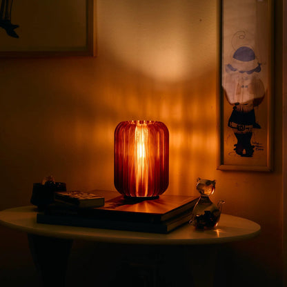 Cordless Mini Allium Lamp with Clear Filament, red ribbed glass base, warm amber glow on Tampa Home & Garden Store