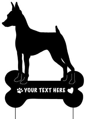 Miniature Pinscher garden stake silhouette in black with bone base text Rustica Ornamentals on Tampa Home & Garden Store