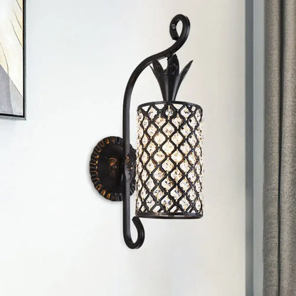 Black Crystal Square Sconce; black metal wall mount with lattice crystal shade on Tampa Home & Garden Store