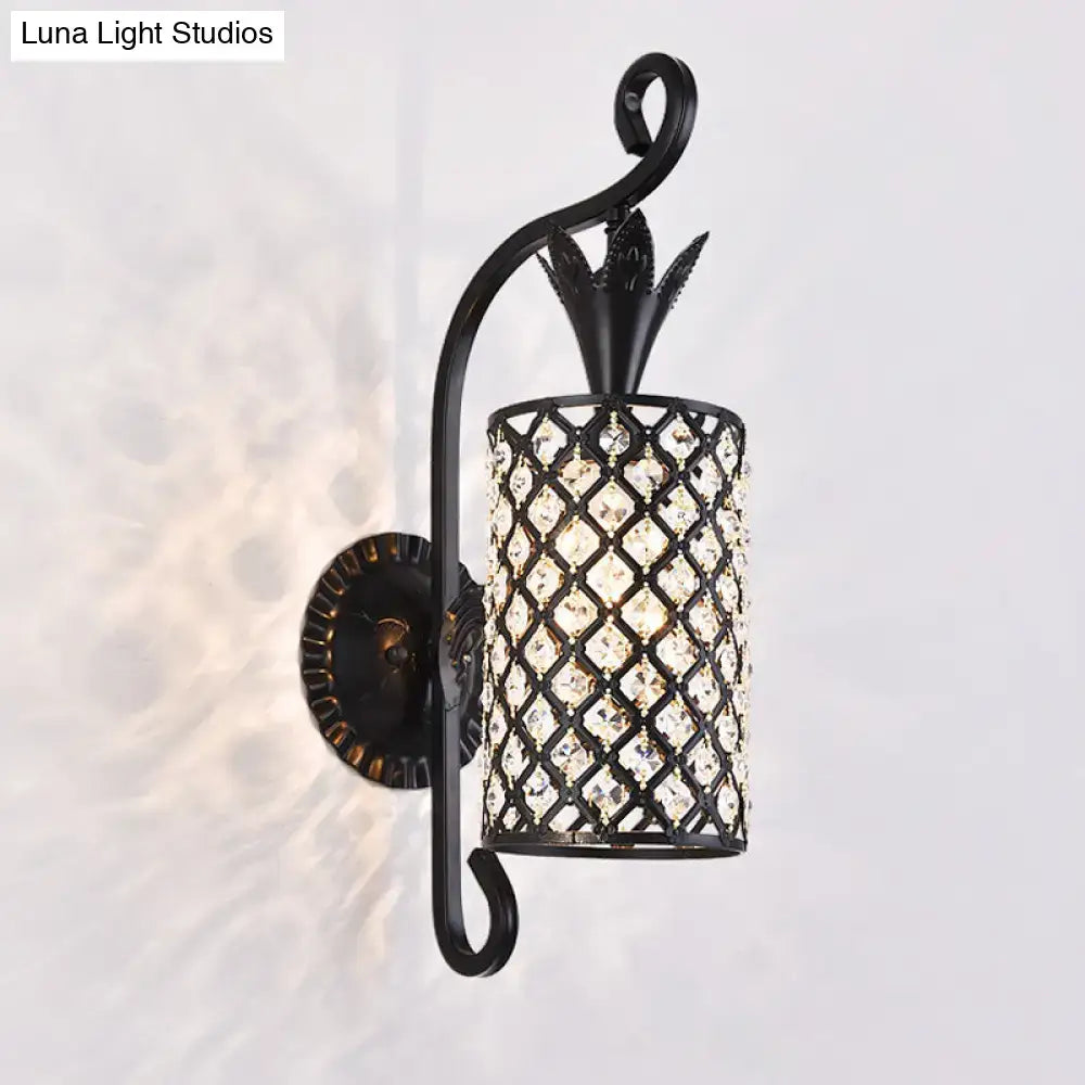 Black crystal square sconce wall light with a diamond lattice drum shade and curved metal arm on Tampa Home & Garden Store