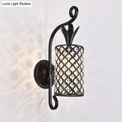 Black crystal square sconce wall light with a diamond lattice drum shade and curved metal arm on Tampa Home & Garden Store