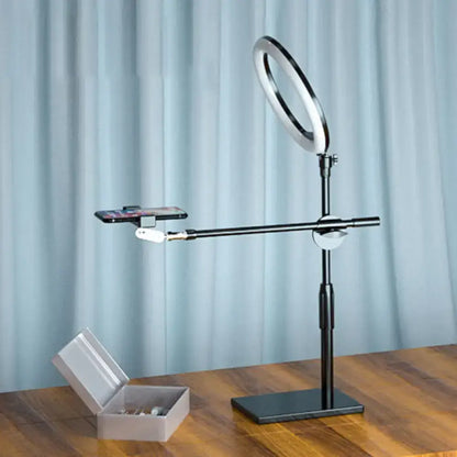 Decorbites black ring vanity light with LED ring, adjustable arm, phone holder on stand on Tampa Home & Garden Store