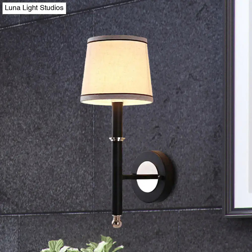 Black Flaxen Cone Wall Sconce with beige flaxen fabric shade, black metal body by Decorbites on Tampa Home & Garden Store