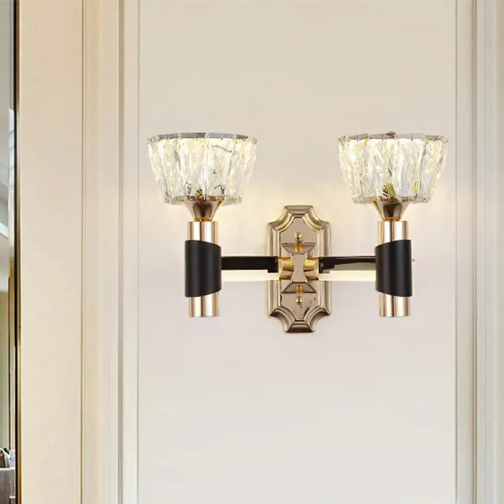 Black Gold Crystal Sconce by Decorbites; dual brass arms, crystal goblet shades, backplate on Tampa Home & Garden Store
