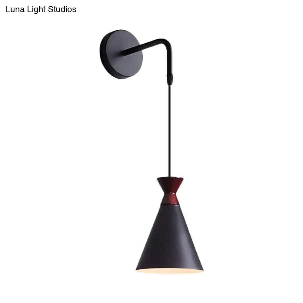 Black Conical Iron Minimalist Sconce by Decorbites with curved arm and red connector on Tampa Home & Garden Store