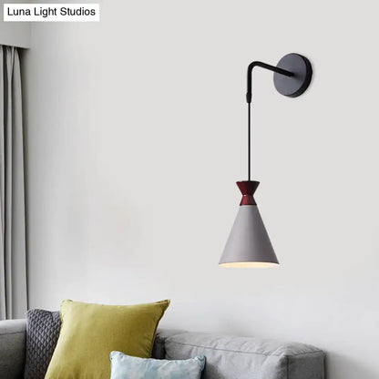Black conical iron minimalist wall sconce with gray shade and red collar by Decorbites on Tampa Home & Garden Store