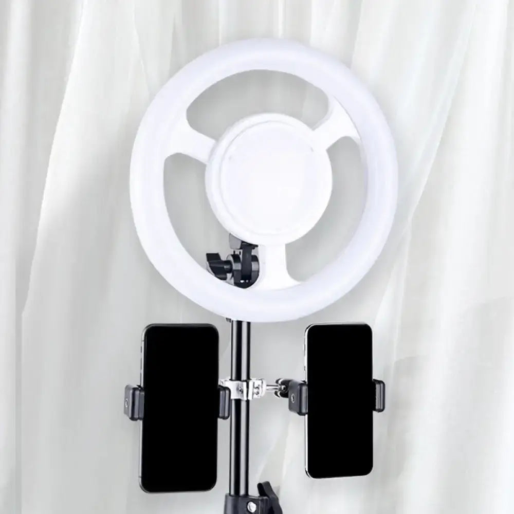 Black LED phone holder with ring light on tripod by Decorbites holding 2 smartphones on Tampa Home & Garden Store