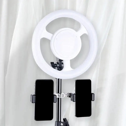 Black LED phone holder with ring light on tripod by Decorbites holding 2 smartphones on Tampa Home & Garden Store