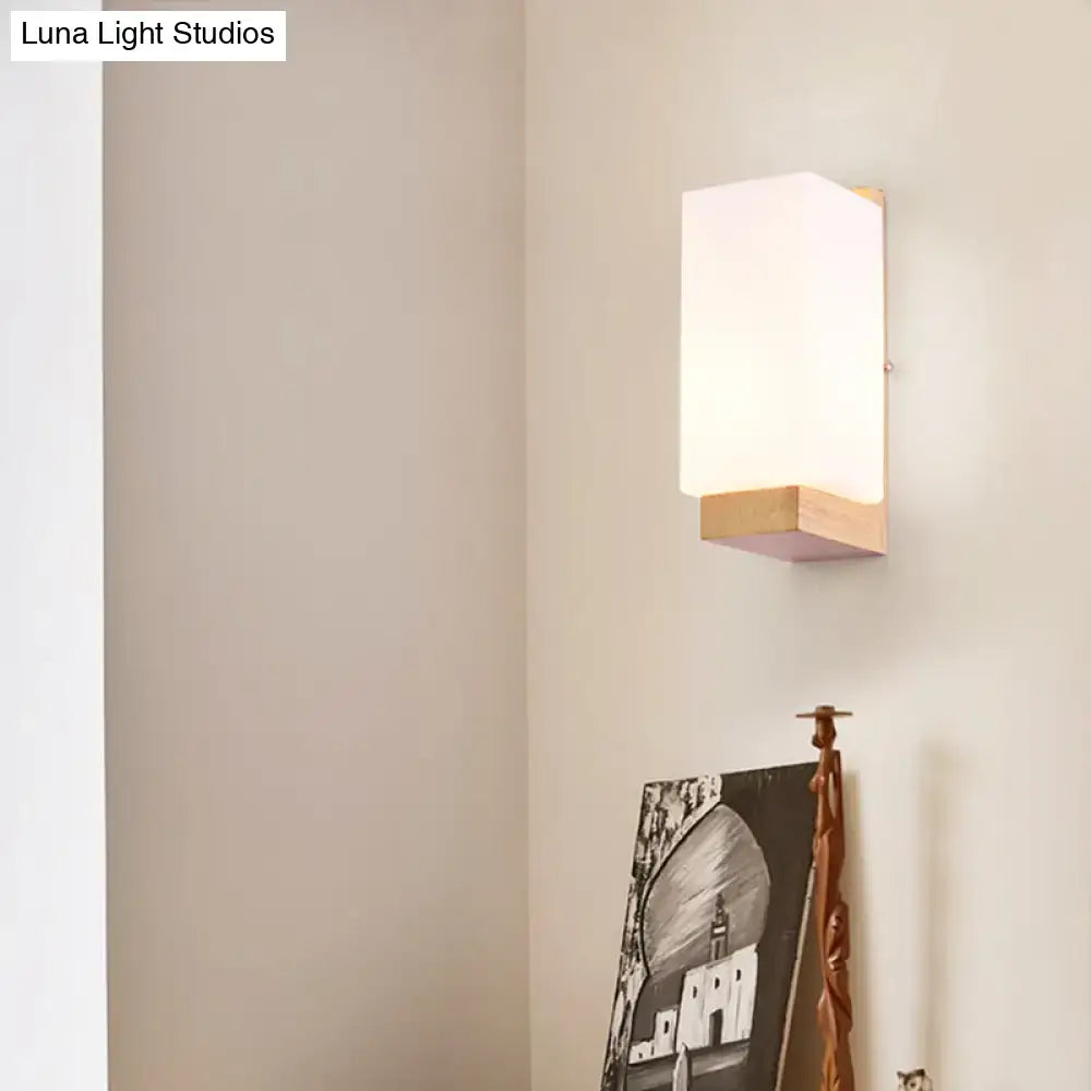 Wood Geometric Wall Sconce with natural wood base and frosted glass shade by Decorbites on Tampa Home & Garden Store