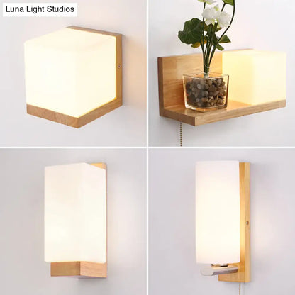 Wood Geometric Wall Sconce by Decorbites; light wood frame, white rectangular shade, warm glow on Tampa Home & Garden Store