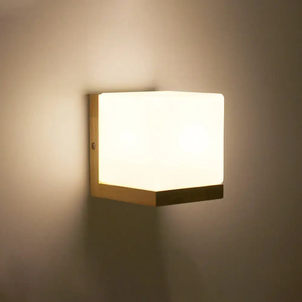 Wood Geometric Wall Sconce by Decorbites; wooden wall mount with warm frosted shade on Tampa Home & Garden Store