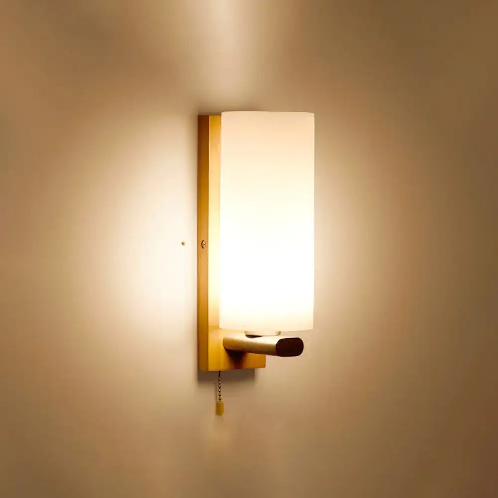 Wood Geometric Wall Sconce Decorbites, wood backplate with white shade and pull chain on Tampa Home & Garden Store