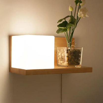 Wood Geometric Wall Sconce by Decorbites with square white shade and warm wood finish on Tampa Home & Garden Store